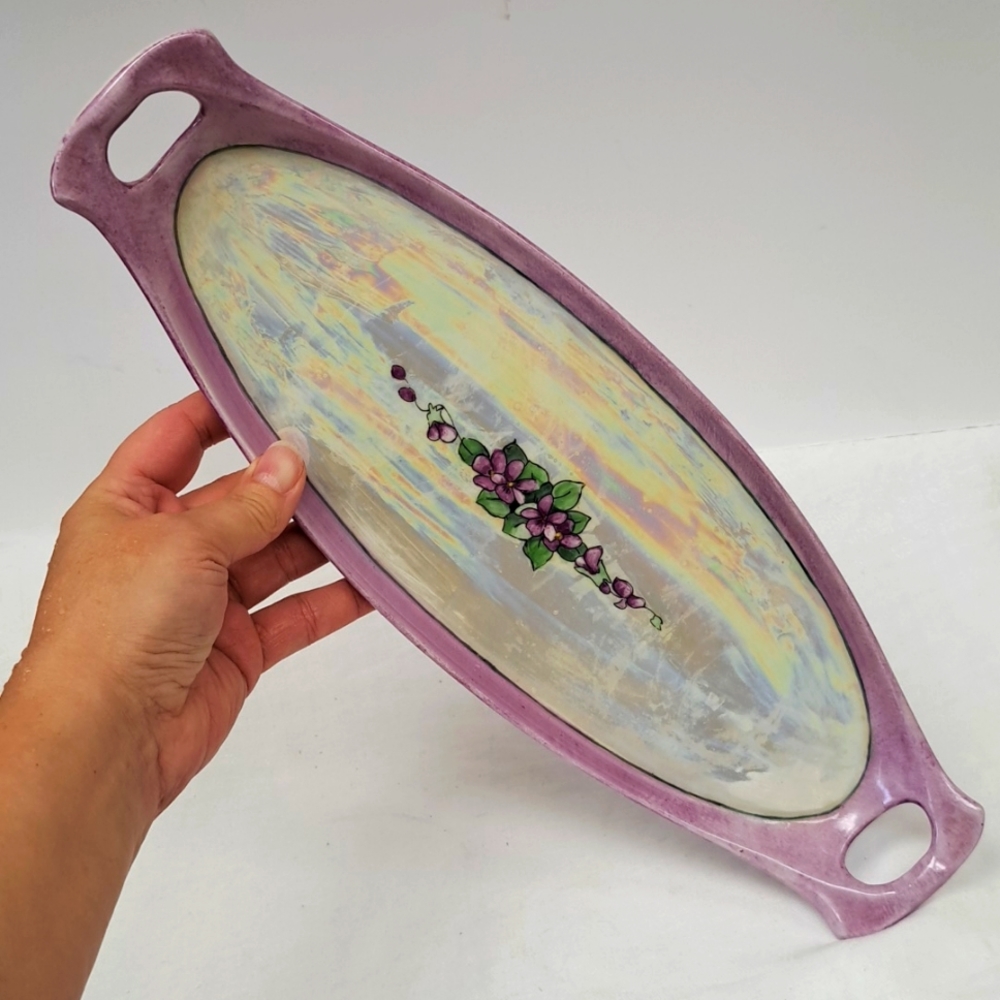Vintage porcelain two handle  lusterware celery dish with purple violets design